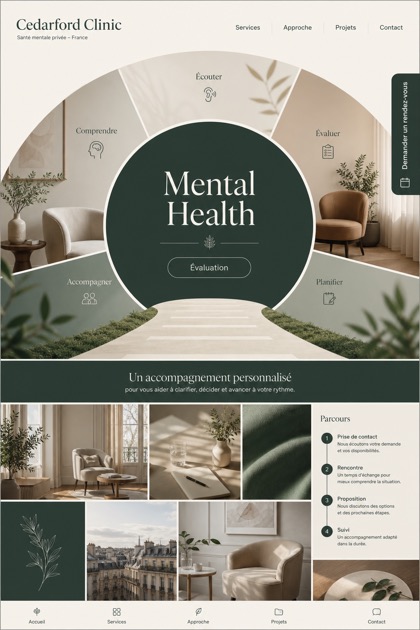 Healthcare website design for France, showing a clear opening, service information, supporting content, and a focused inquiry action.