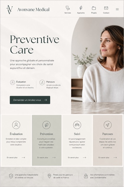 Healthcare website design for France, showing a clear opening, service information, supporting content, and a focused inquiry action.