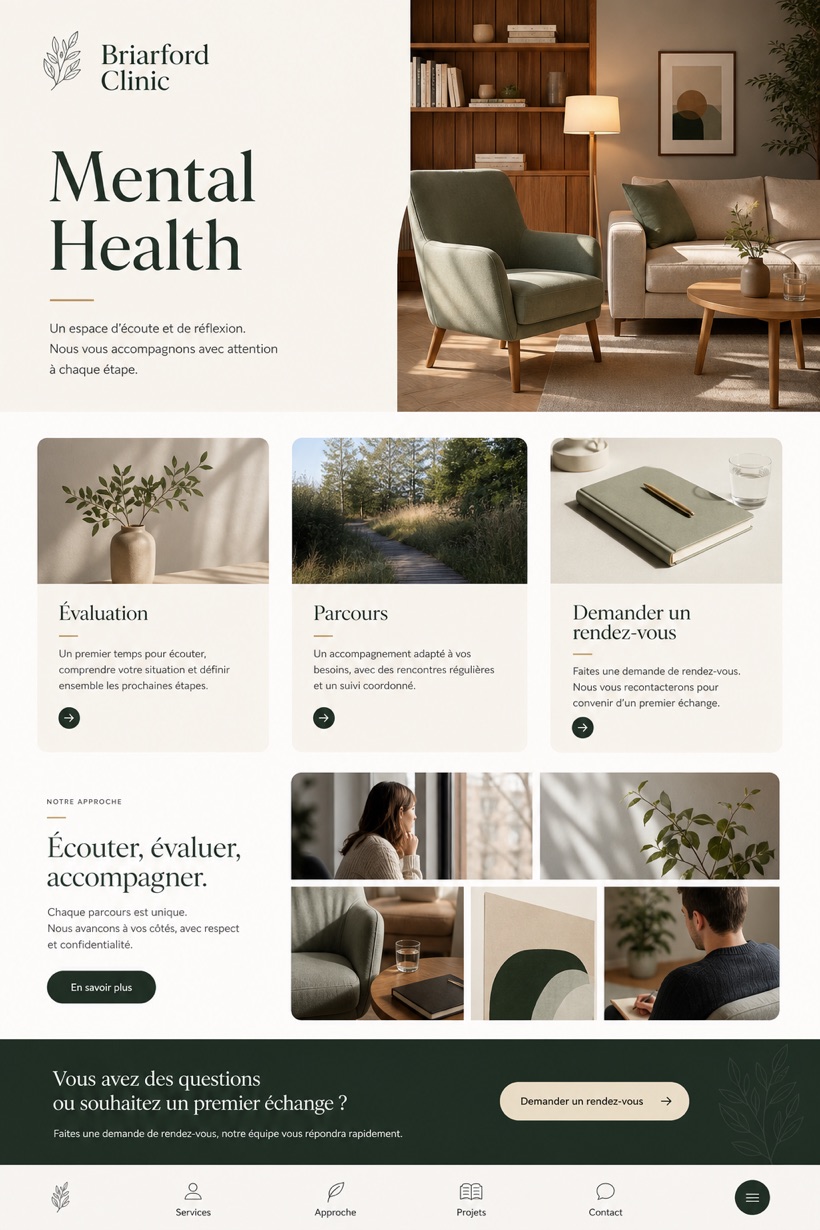 Healthcare website design for France, showing a clear opening, service information, supporting content, and a focused inquiry action.