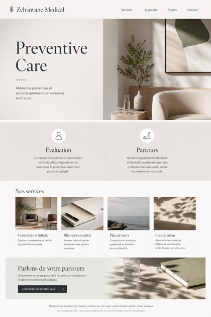 Healthcare website design for France, showing a clear opening, service information, supporting content, and a focused inquiry action.