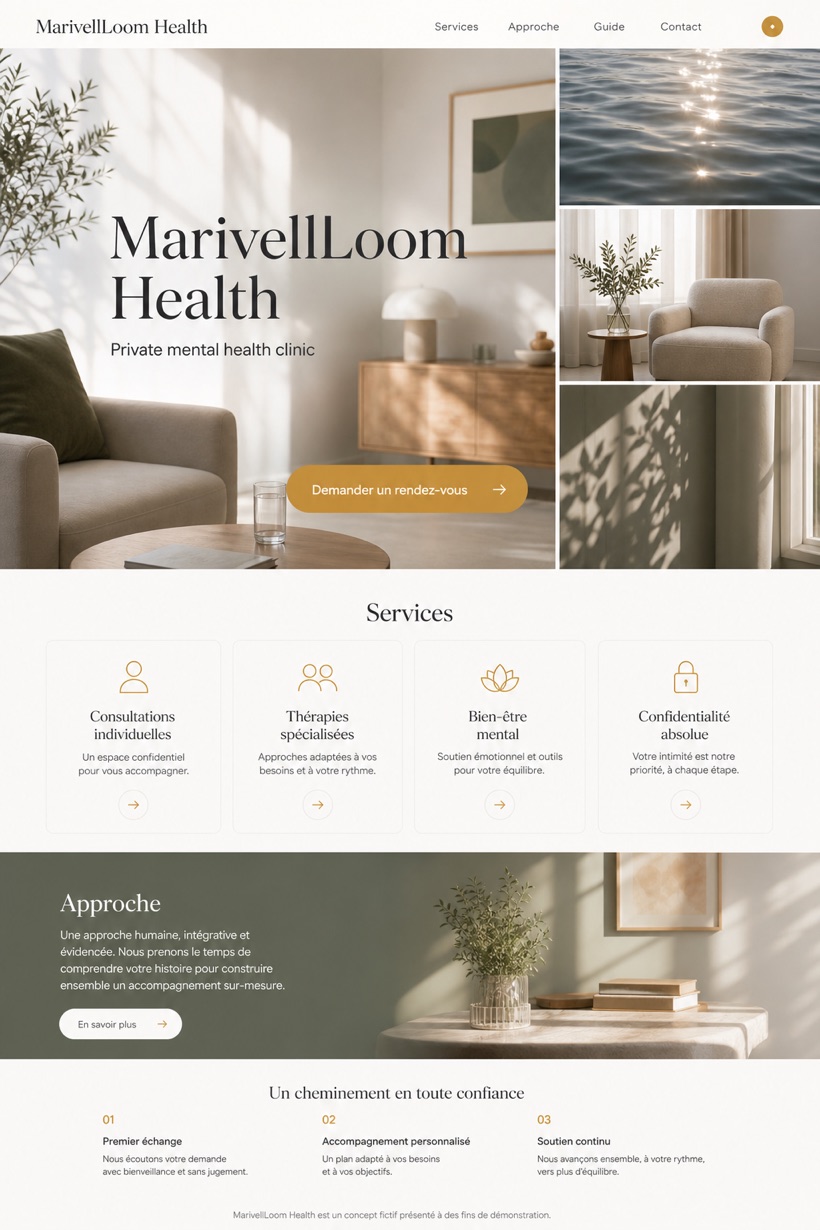 Healthcare website design for France, showing a clear opening, service information, supporting content, and a focused inquiry action.