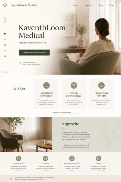 Healthcare website design for France, showing a clear opening, service information, supporting content, and a focused inquiry action.