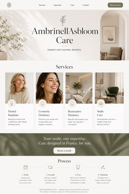 Healthcare website design for France, showing a clear opening, service information, supporting content, and a focused inquiry action.