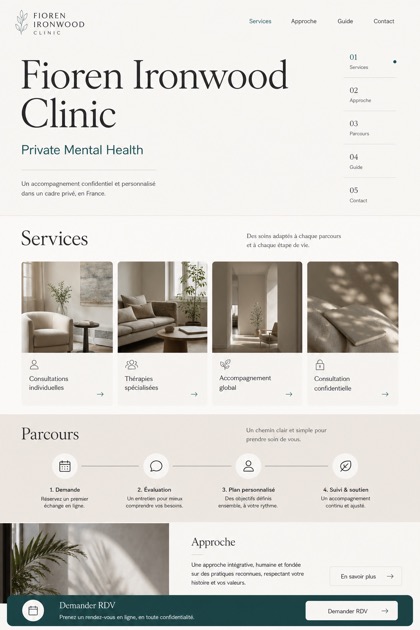 Healthcare website design for France, showing a clear opening, service information, supporting content, and a focused inquiry action.
