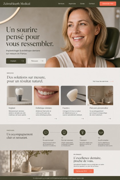 Healthcare website design for France, showing a clear opening, service information, supporting content, and a focused inquiry action.