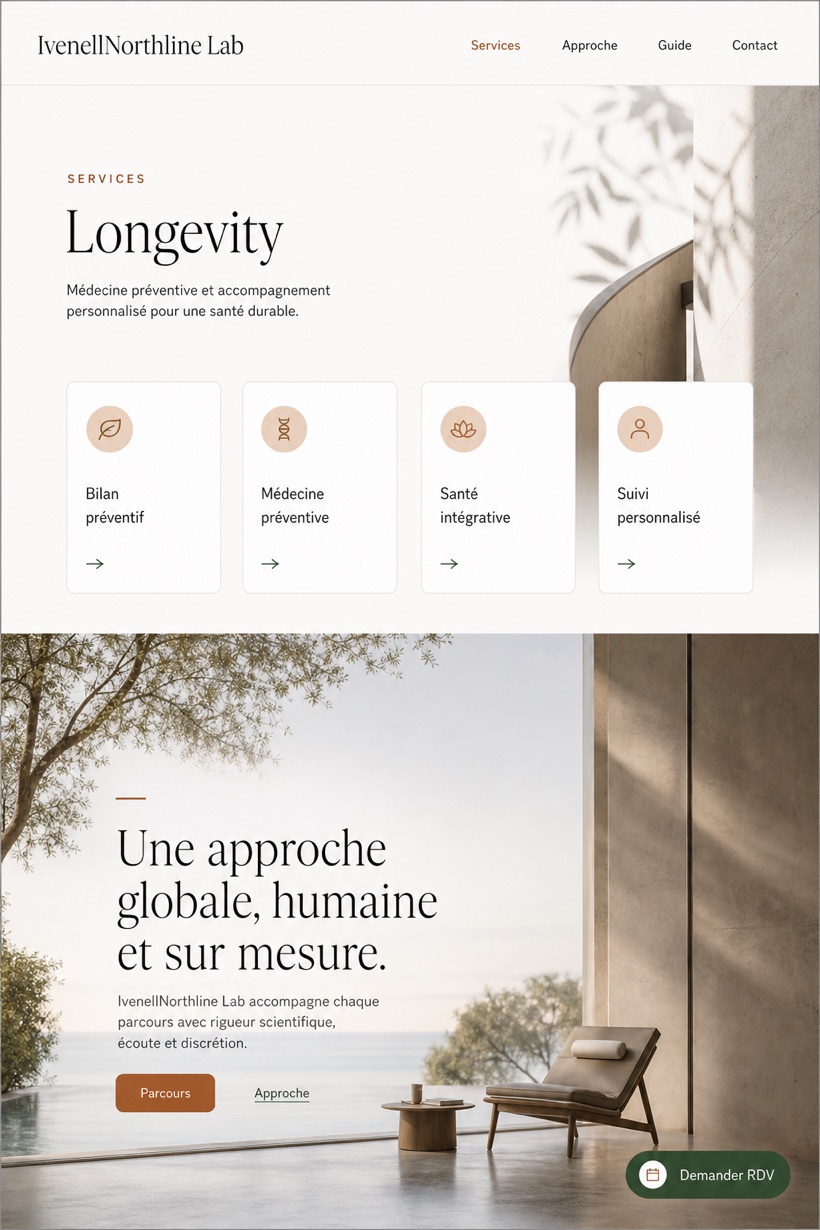 Healthcare website design for France, showing a clear opening, service information, supporting content, and a focused inquiry action.