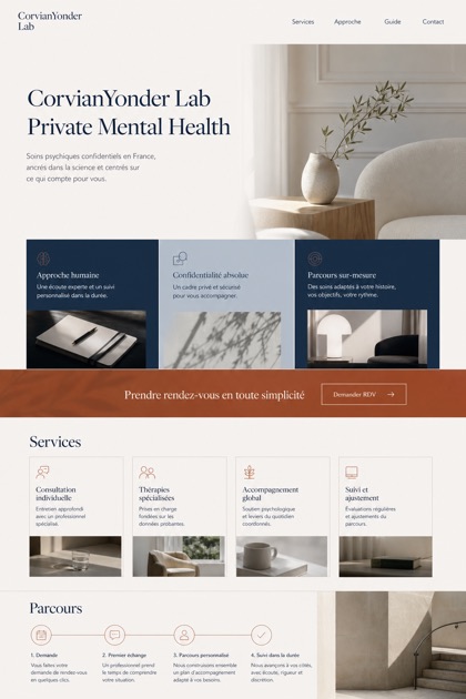 Healthcare website design for France, showing a clear opening, service information, supporting content, and a focused inquiry action.