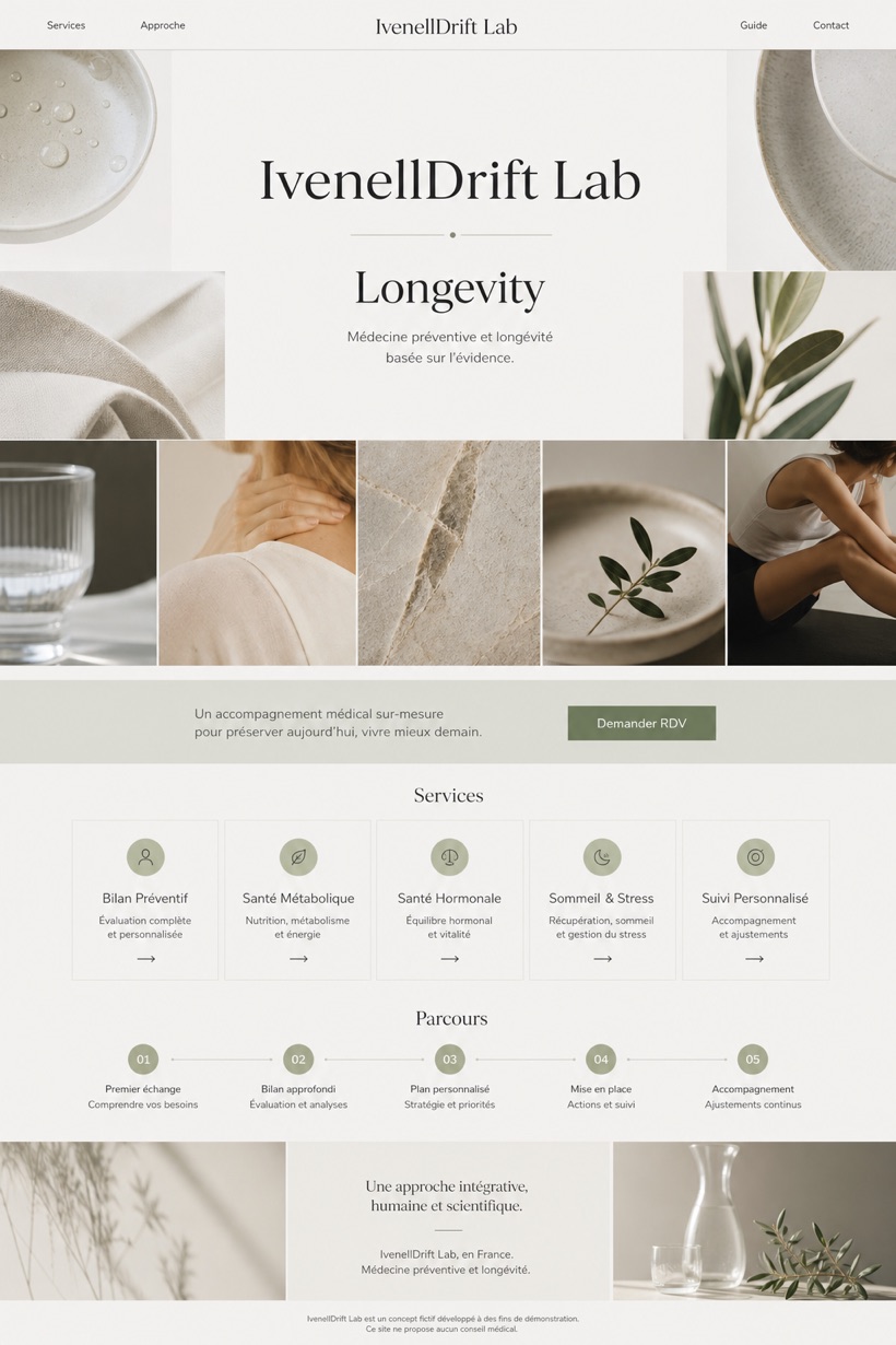 Healthcare website design for France, showing a clear opening, service information, supporting content, and a focused inquiry action.
