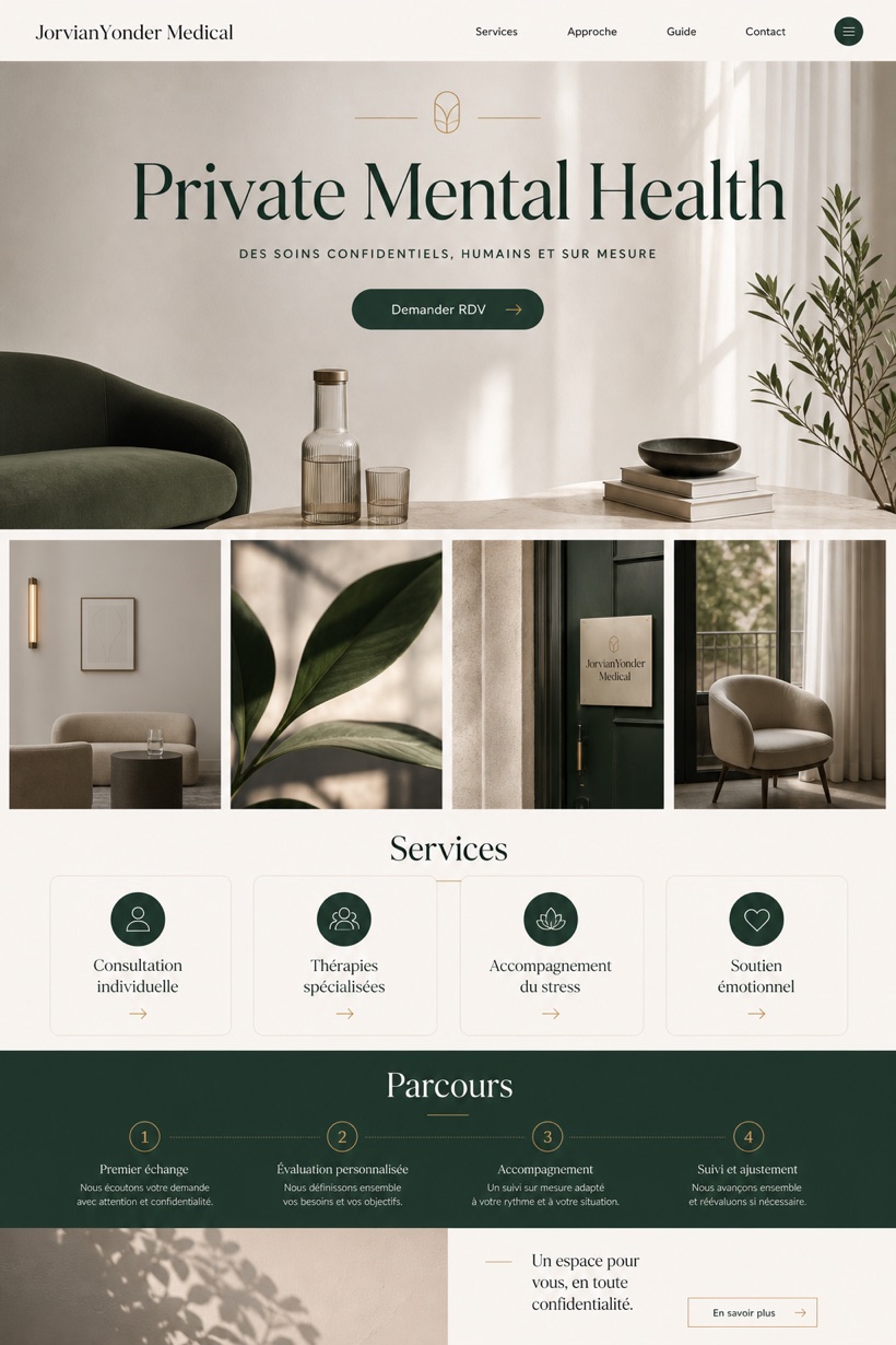 Healthcare website design for France, showing a clear opening, service information, supporting content, and a focused inquiry action.