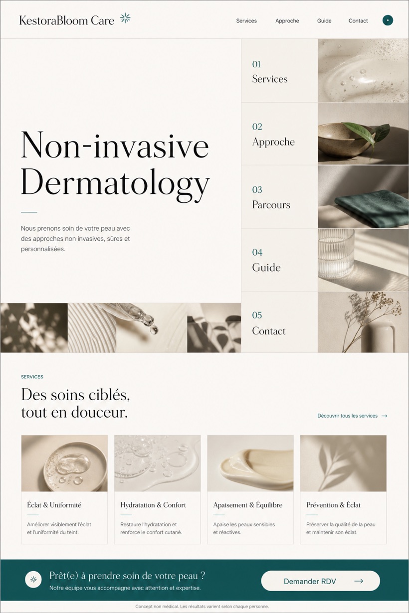 Healthcare website design for France, showing a clear opening, service information, supporting content, and a focused inquiry action.
