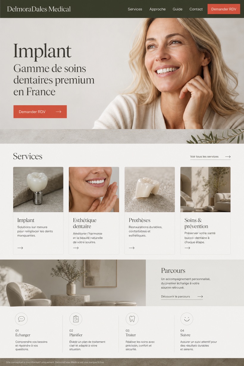 Healthcare website design for France, showing a clear opening, service information, supporting content, and a focused inquiry action.