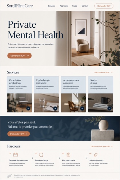 Healthcare website design for France, showing a clear opening, service information, supporting content, and a focused inquiry action.