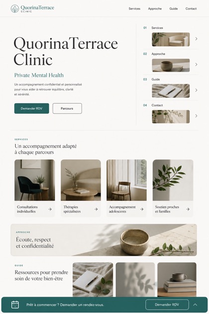 Healthcare website design for France, showing a clear opening, service information, supporting content, and a focused inquiry action.