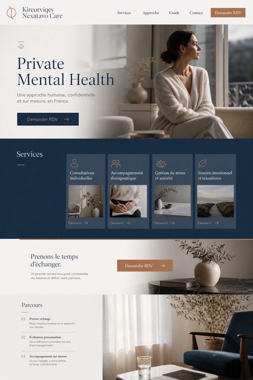 Healthcare website design for France, showing a clear opening, service information, supporting content, and a focused inquiry action.