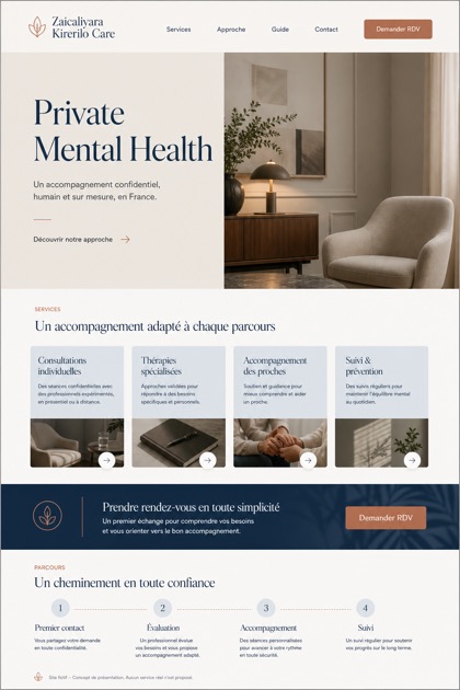 Healthcare website design for France, showing a clear opening, service information, supporting content, and a focused inquiry action.