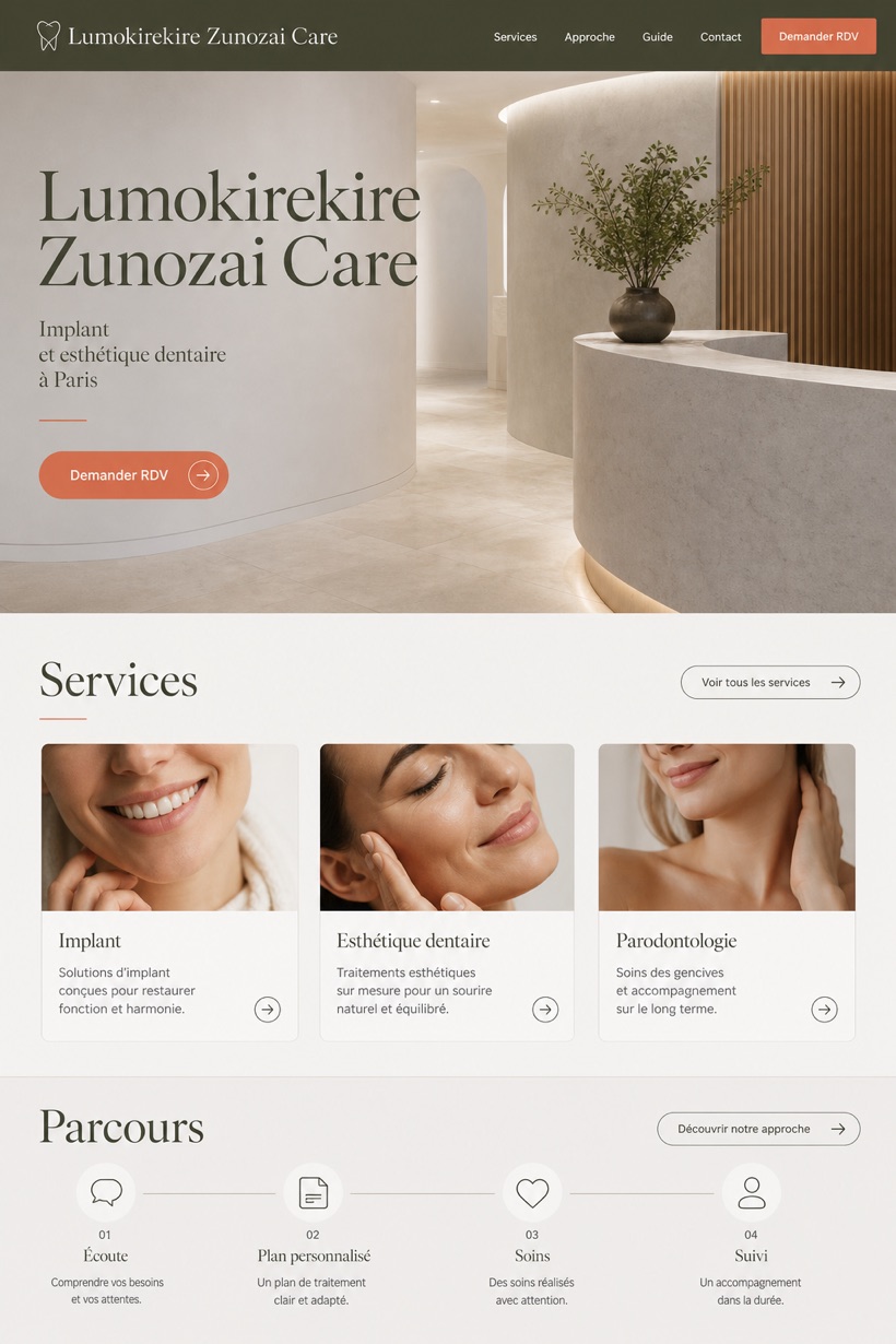 Healthcare website design for France, showing a clear opening, service information, supporting content, and a focused inquiry action.