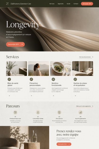 Healthcare website design for France, showing a clear opening, service information, supporting content, and a focused inquiry action.