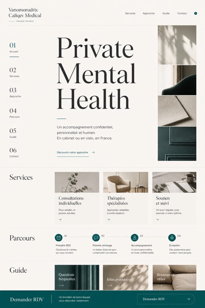 Healthcare website design for France, showing a clear opening, service information, supporting content, and a focused inquiry action.