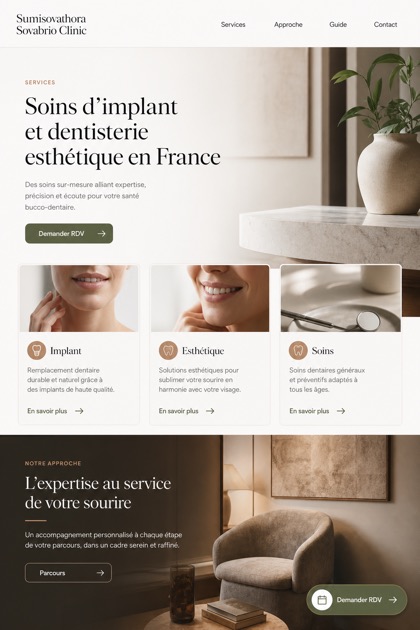 Healthcare website design for France, showing a clear opening, service information, supporting content, and a focused inquiry action.