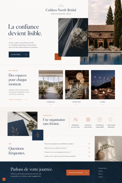 Fictional Caldera North Bridal Premium wedding venue website design showcase in a 2:3 layout with service sections, FAQ, and inquiry action