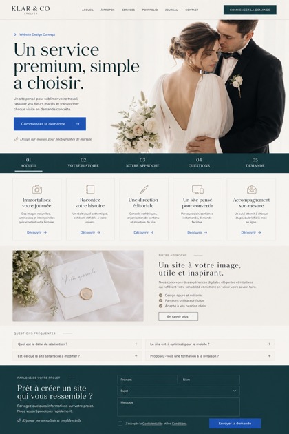 Fictional Klar & Co Atelier Editorial wedding photographer website design showcase in a 2:3 layout with service sections, FAQ, and inquiry action