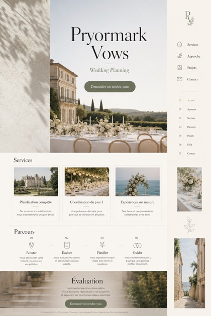 Weddings & Events website design for France, showing a clear opening, service information, supporting content, and a focused inquiry action.