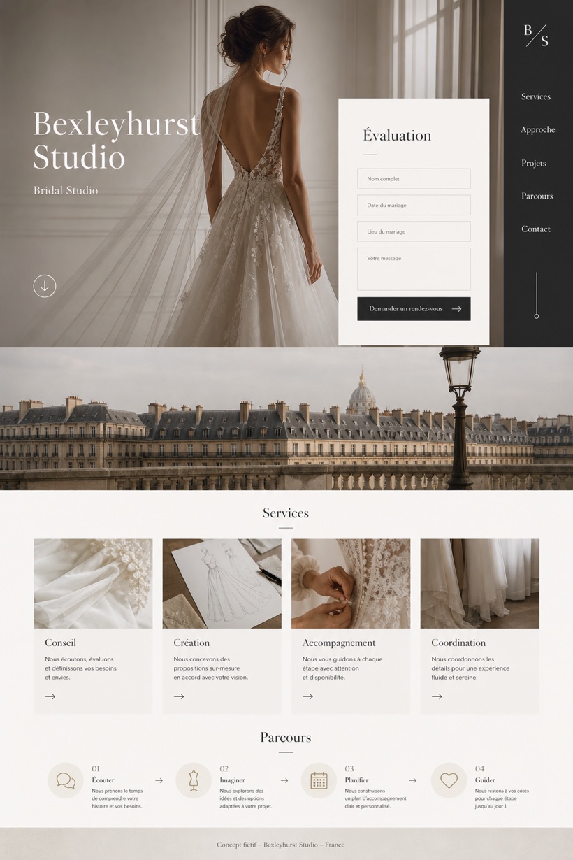 Weddings & Events website design for France, showing a clear opening, service information, supporting content, and a focused inquiry action.