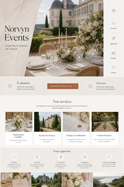 Weddings & Events website design for France, showing a clear opening, service information, supporting content, and a focused inquiry action.