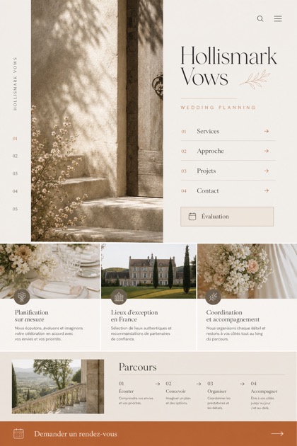 Weddings & Events website design for France, showing a clear opening, service information, supporting content, and a focused inquiry action.