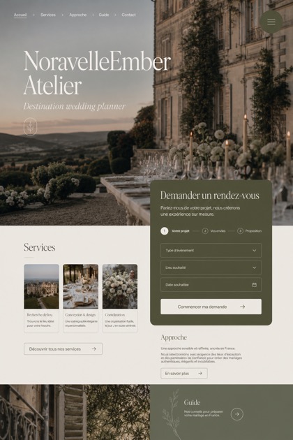 Weddings & Events website design for France, showing a clear opening, service information, supporting content, and a focused inquiry action.