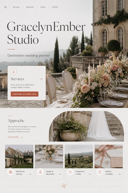 Weddings & Events website design for France, showing a clear opening, service information, supporting content, and a focused inquiry action.