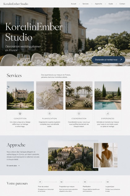 Weddings & Events website design for France, showing a clear opening, service information, supporting content, and a focused inquiry action.