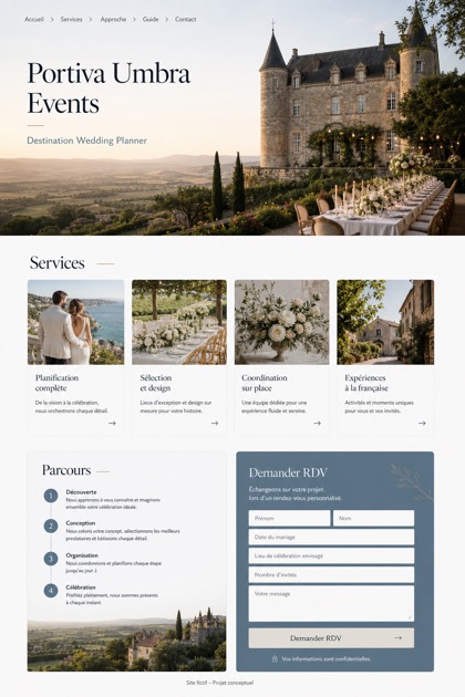 Weddings & Events website design for France, showing a clear opening, service information, supporting content, and a focused inquiry action.