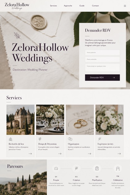 Weddings & Events website design for France, showing a clear opening, service information, supporting content, and a focused inquiry action.
