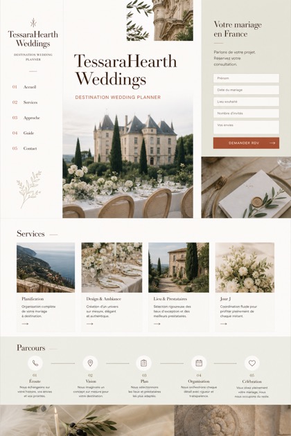 Weddings & Events website design for France, showing a clear opening, service information, supporting content, and a focused inquiry action.