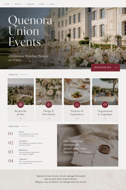 Weddings & Events website design for France, showing a clear opening, service information, supporting content, and a focused inquiry action.