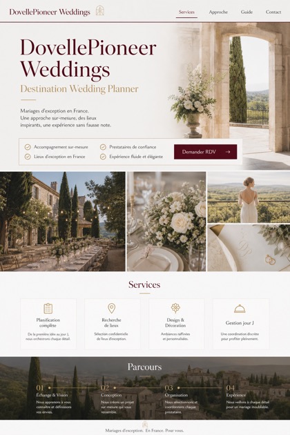 Weddings & Events website design for France, showing a clear opening, service information, supporting content, and a focused inquiry action.