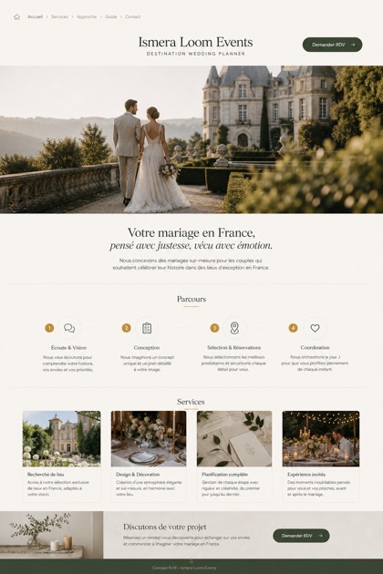 Weddings & Events website design for France, showing a clear opening, service information, supporting content, and a focused inquiry action.