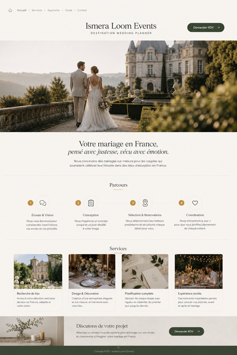 Weddings & Events website design for France, showing a clear opening, service information, supporting content, and a focused inquiry action.