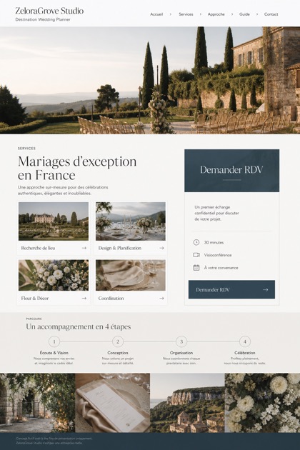 Weddings & Events website design for France, showing a clear opening, service information, supporting content, and a focused inquiry action.