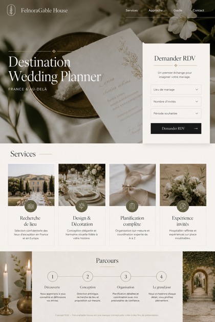 Weddings & Events website design for France, showing a clear opening, service information, supporting content, and a focused inquiry action.