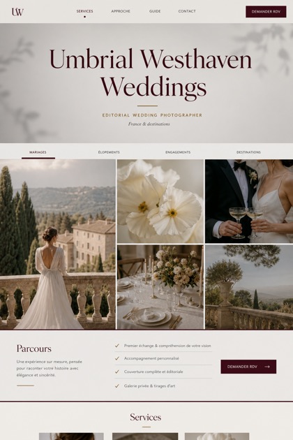 Weddings & Events website design for France, showing a clear opening, service information, supporting content, and a focused inquiry action.