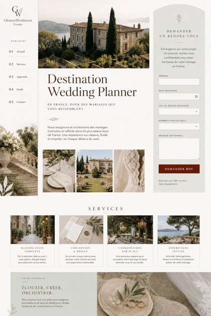 Weddings & Events website design for France, showing a clear opening, service information, supporting content, and a focused inquiry action.