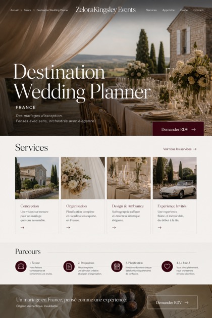 Weddings & Events website design for France, showing a clear opening, service information, supporting content, and a focused inquiry action.