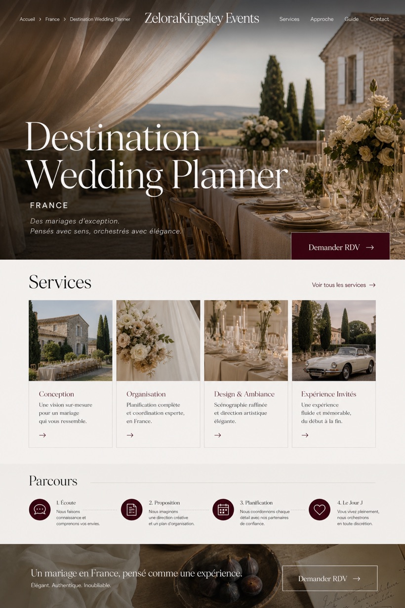 Weddings & Events website design for France, showing a clear opening, service information, supporting content, and a focused inquiry action.
