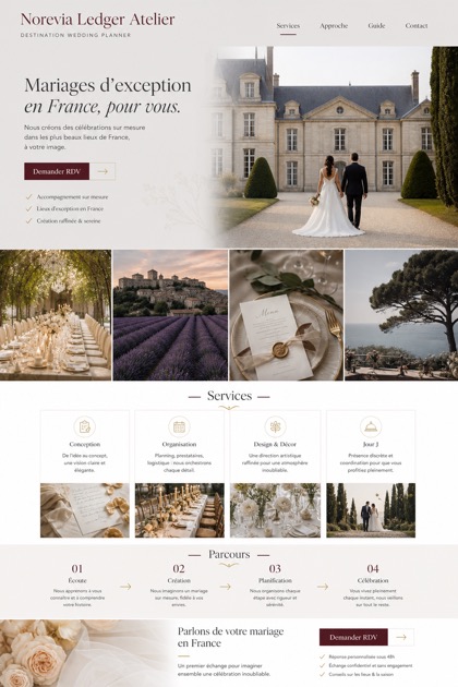 Weddings & Events website design for France, showing a clear opening, service information, supporting content, and a focused inquiry action.
