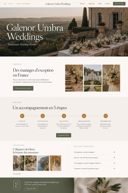 Weddings & Events website design for France, showing a clear opening, service information, supporting content, and a focused inquiry action.