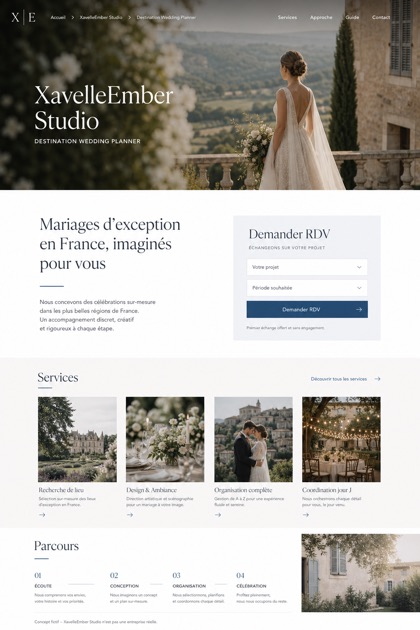 Weddings & Events website design for France, showing a clear opening, service information, supporting content, and a focused inquiry action.