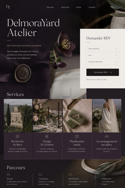 Weddings & Events website design for France, showing a clear opening, service information, supporting content, and a focused inquiry action.