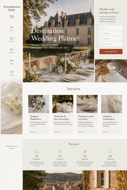 Weddings & Events website design for France, showing a clear opening, service information, supporting content, and a focused inquiry action.